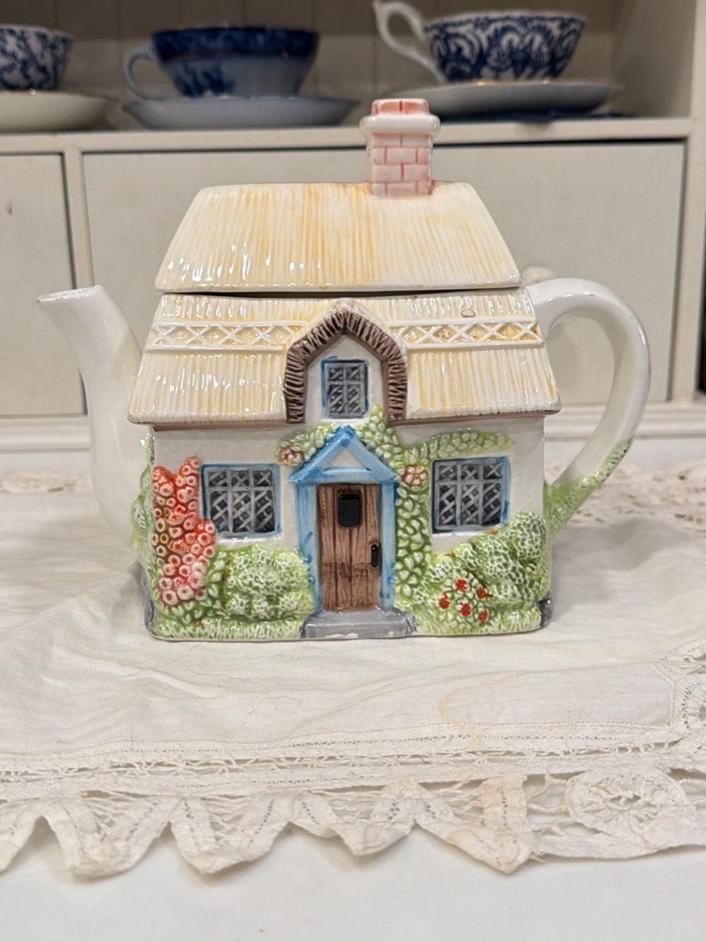 Ceramic Cottage Teapot in Pastel Yellow and Blue - Charming Home Kitchen Accent